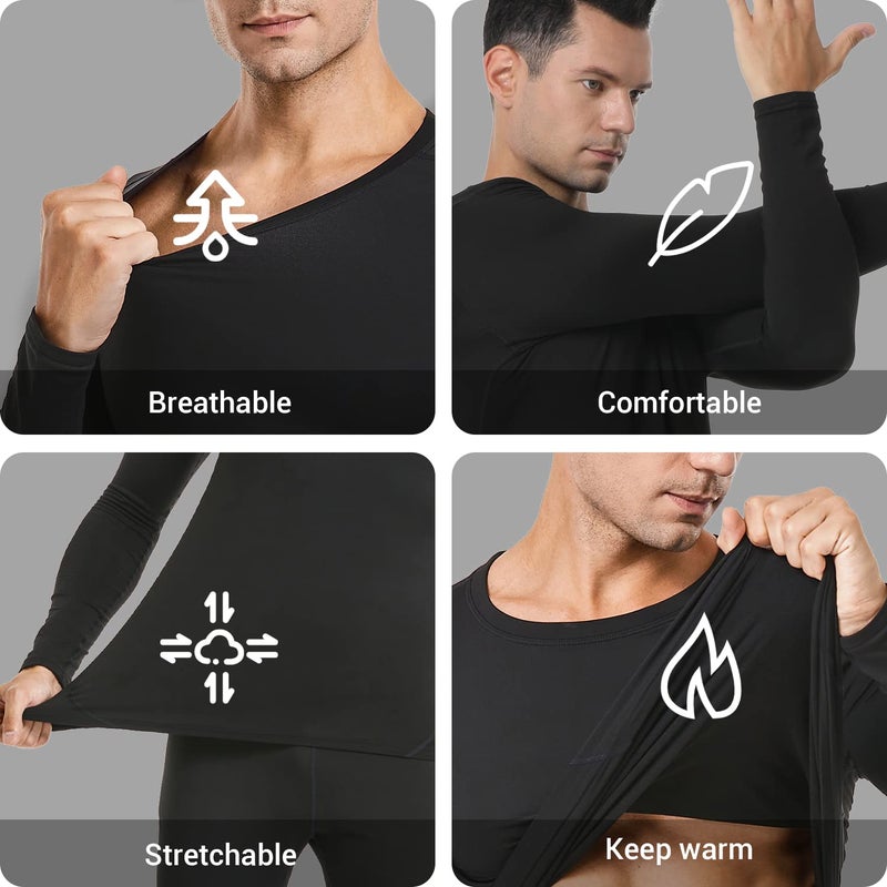 PISIQI Thermal Underwear Men Ultra-Soft Long Johns Set with Fleece Lined Base Layer Winter Skiing Warm Top & Bottom Black - Image 2